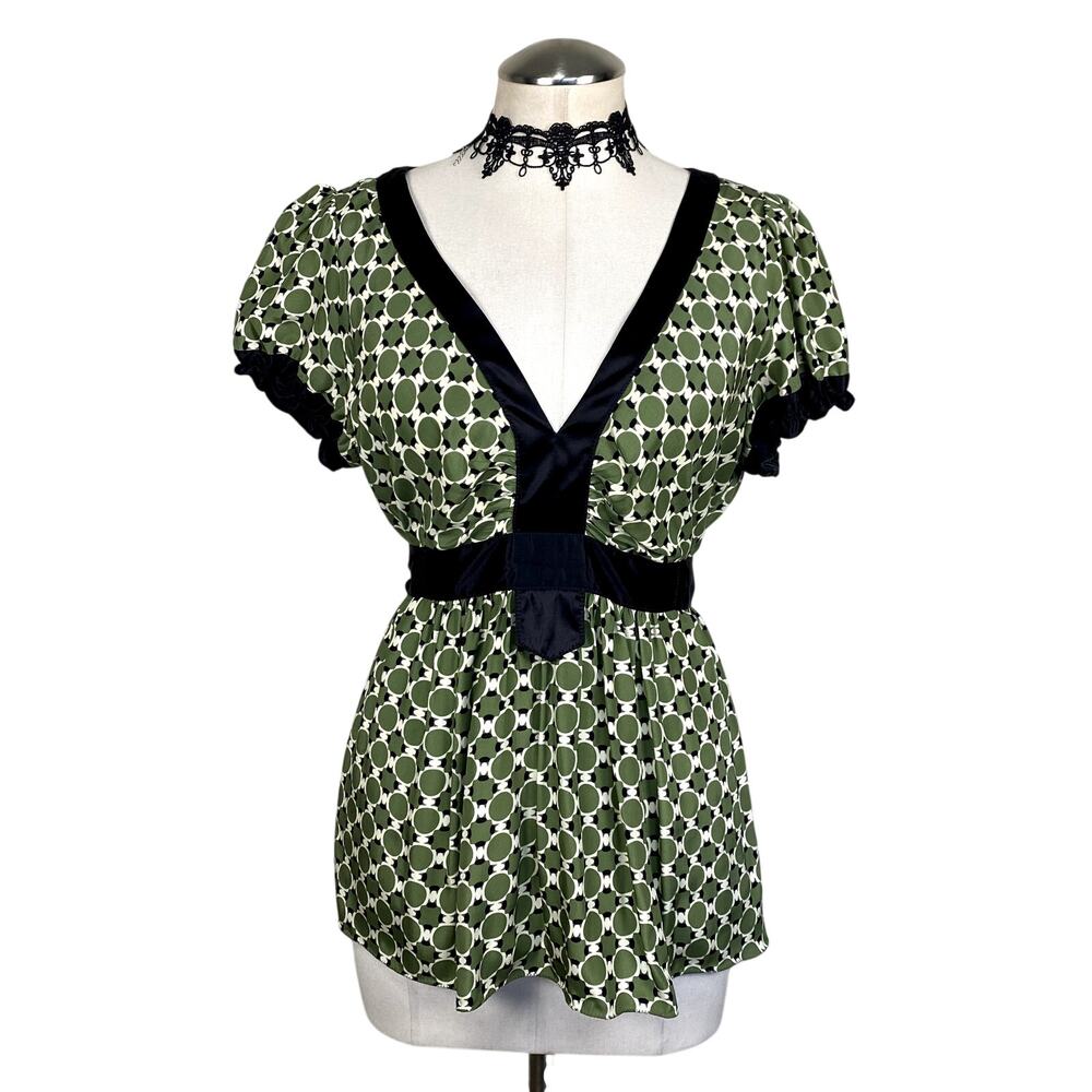 Vtg Y2K Green Black Silk Tie Back Office Siren Boho Hippie Work Blouse Sz L